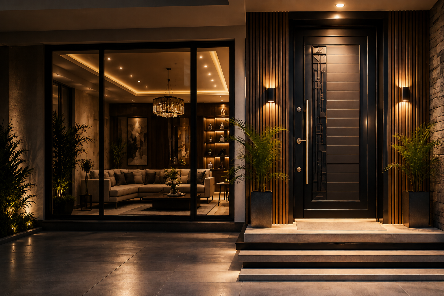 Luxury modern home entrance with premium black security door and elegant interior design